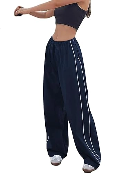 Imuedaen Track Pants Damen Parachute Pants Y2k Hosen Baggy Cargohose Weites Bein Track Pants Vintage Baggy Hosen für Frauen Streetwear Elastische Taille Freizeithose Pants