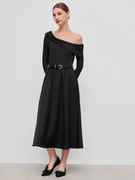 Asymmetrical Neck Ruffle Midi Dress With Belt