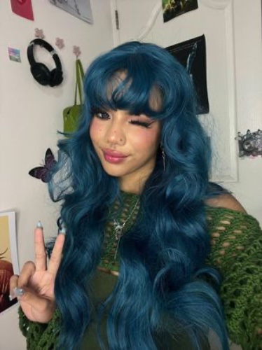 Blue green long curly wig