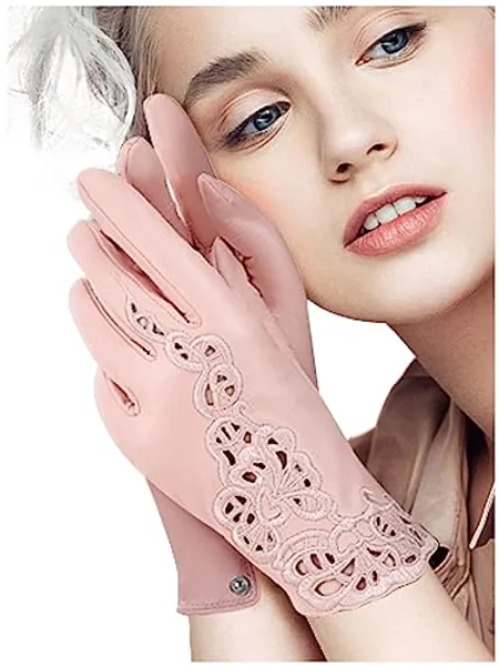 FIORETTO Womens Genuine Leather Driving Gloves Touchscreen Unlined Sheepskin Ladies Driving Gloves Thin W160020 - Medium - Pink Non-touch