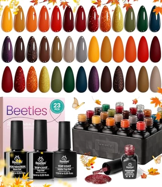 Beetles Gel Polish Nail Set 20 Colors Cozy Campfire Collection Orange Yellow Green Brown Gel Polish Set Soak Off Uv Lamp Need Base Glossy & Matte Top Coat Manicure Kit for Girls Women Gift