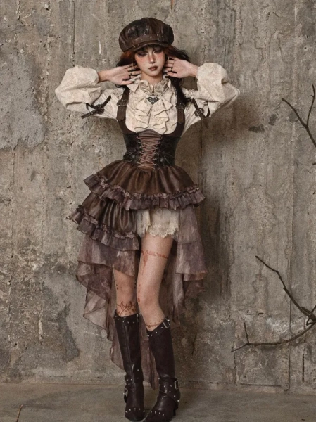Brown Western Style Steampunk Asymmetrical PU Overall Dress with Detachable Train
