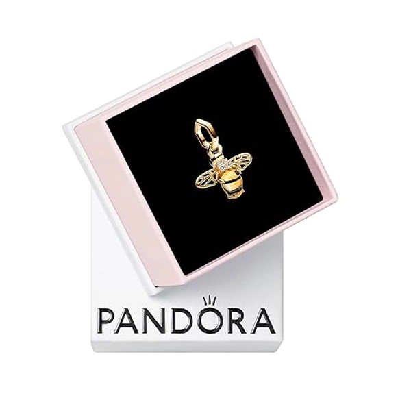 PANDORA Sparkling Bee Dangle Charm - Compatible with PANDORA Me & Moments Jewelry - 14k Gold & Enamel with Clear Cubic Zirconia & Crystal - With Gift Box