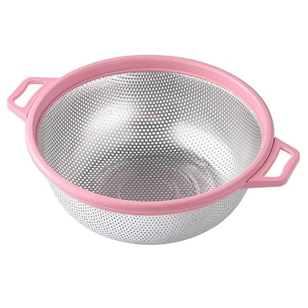 HiramWare Stainless Steel Colander With Handle and Legs, Large Metal Pink Strainer for Pasta, Spaghetti, Berry, Veggies, Fruits, Noodles, Salads, 5-quart 10.5” Kitchen Mesh Colander, Dishwasher Safe