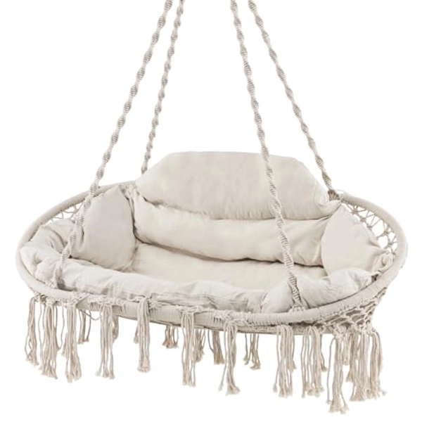 Tangkula 2-Person Hanging Hammock Chair, Boho Style Macrame Hammock Swing with Soft Cushions, Tassels, Indoor Outdoor Cotton Rope Hanging Swing Chair for Bedroom, Porch, Balcony