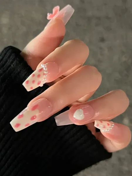 24pcs Long Coffin Heart Pattern Fake Nail & 1sheet Tape & 1pc Nail File