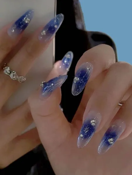 ROMWE 24pcs Long Oval Rhinestone Decor Ombre Fake Nail & 1sheet Tape