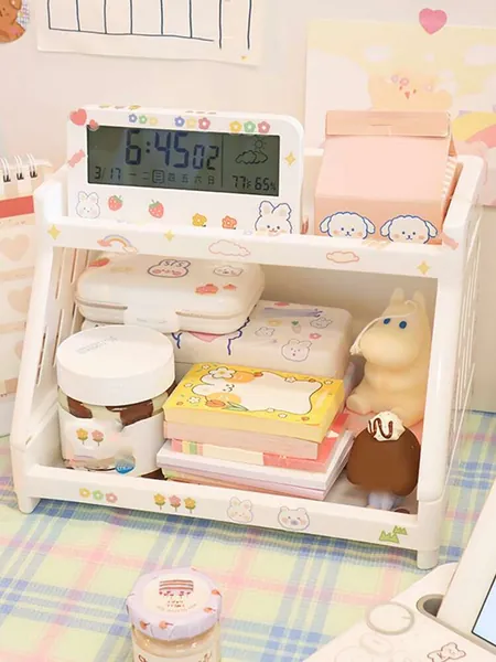 1pc Random Double Layer Storage Rack With Sticker, Cartoon Storage Rack For Desk