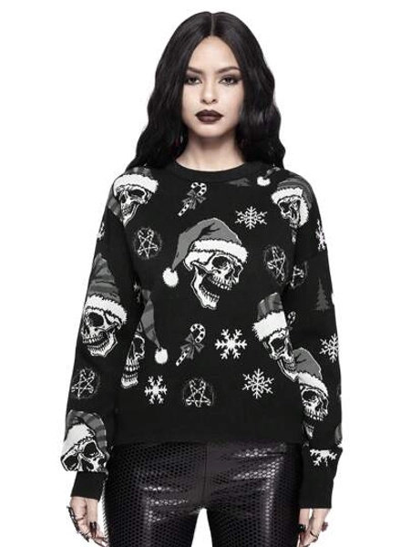 ROMWE Goth Donker skelet kerst bloemen all-over print trui