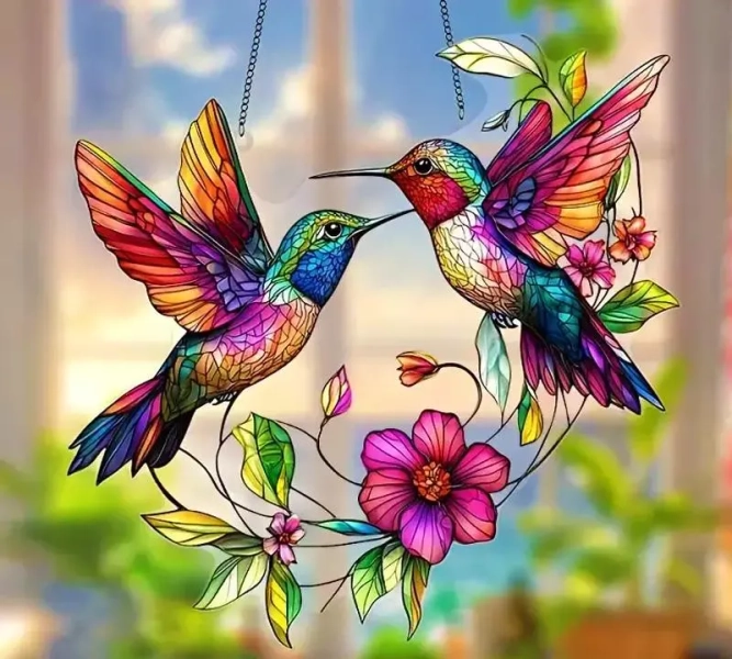 Hummingbirds Stained Glass Suncatcher