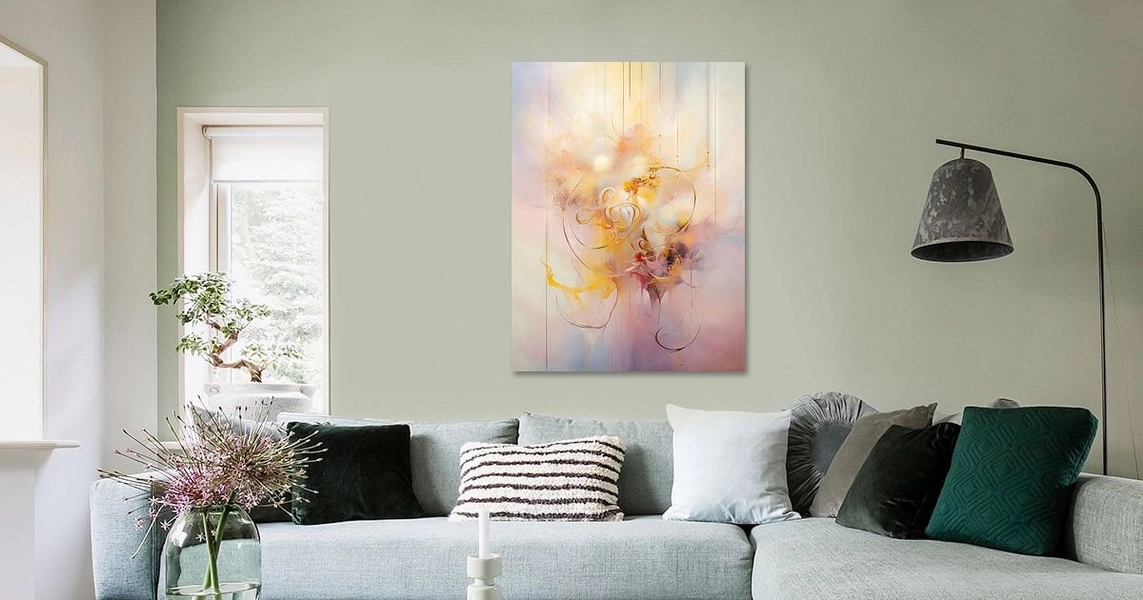Hart, abstract schilderij - hart vorm, minimalisme, peach fuzz van Joriali fotografie en schilderijen op canvas, behang en meer