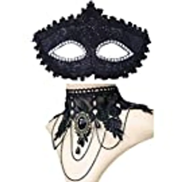 Black Venetian Mask Masquerade Mask with Elegant Vintage Princess Lace Gothic Necklace Pack of 2