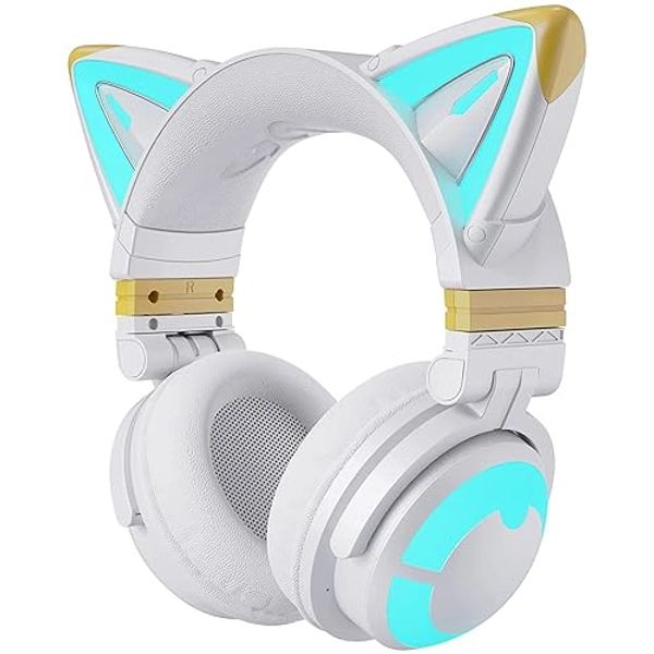 YOWU Cat Ear Headphones 3G, RGB Wireless/Wired 5.0 Foldable Gaming Headset with 7.1 Surround Sound, Built-in Mic & Customizable Lighting and Effect via APP, Type-C Charging Audio Cable(White)