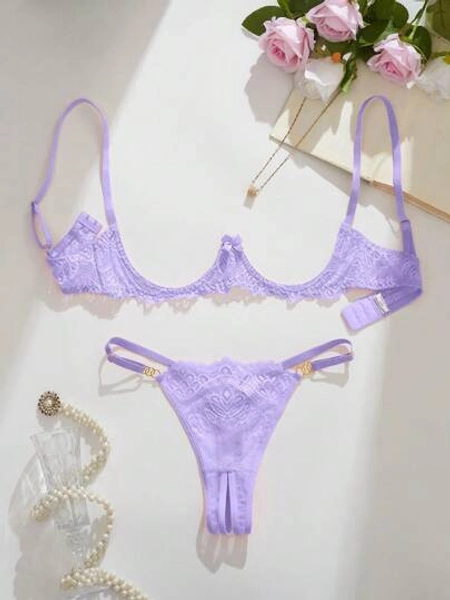 Sexy Lingeries, Fashionable Pink Floral Lace Lingerie Set, No Cup Bra And Panties