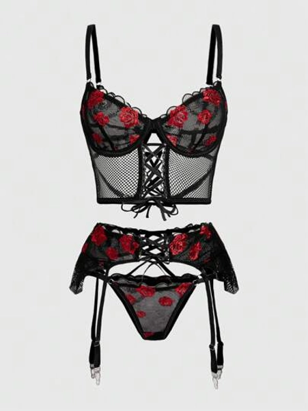 ROMWE Goth Underwire Strap Lingerie Garter Belt Thong Rose Sexy Lingerie Set 3 Pieces