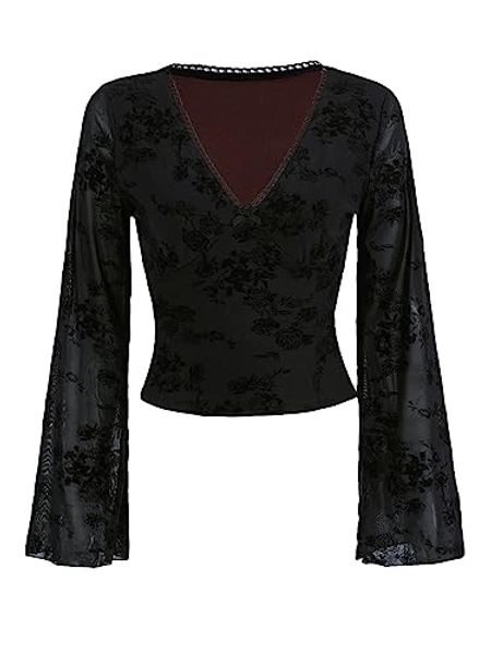 Floerns Women's Floral Print Flare Sleeve Lace Trim Mesh Crop Top Tee Shirts