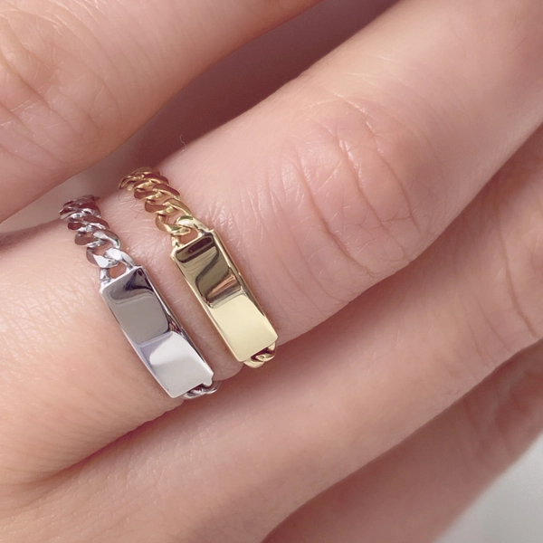 14K Solid Gold Chain Link Ring, 14K Real Gold Cuban Curb Chain Ring For Women Girls, Stackable Ring, Dainty ID Bar Ring, Minimalist Ring