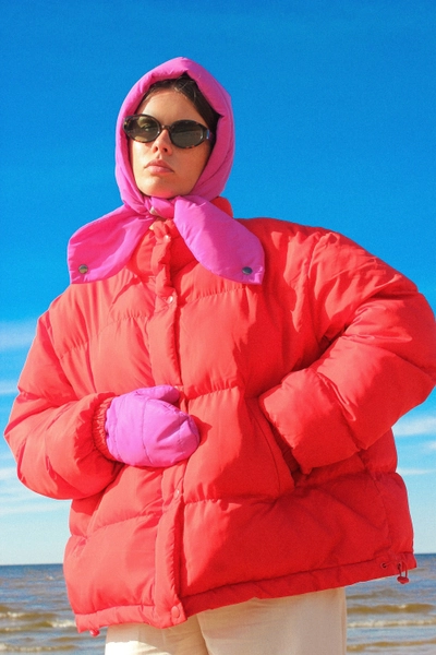 PILLOW HEADSCARF - Balaclava in Hot Pink ,scarf quilted shawl bandana puffer, fashion shawl 2024-25, babyshka style Quilted Headscarf