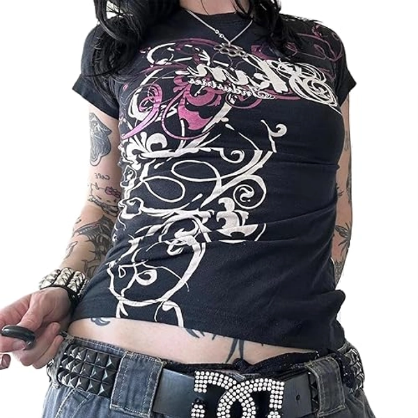 Grunge Graphic Tees for Women Y2k Vintage Gothic T Shirt Teen Girls Aesthetic Emo Baggy Tops 2000s Alternative Clothes