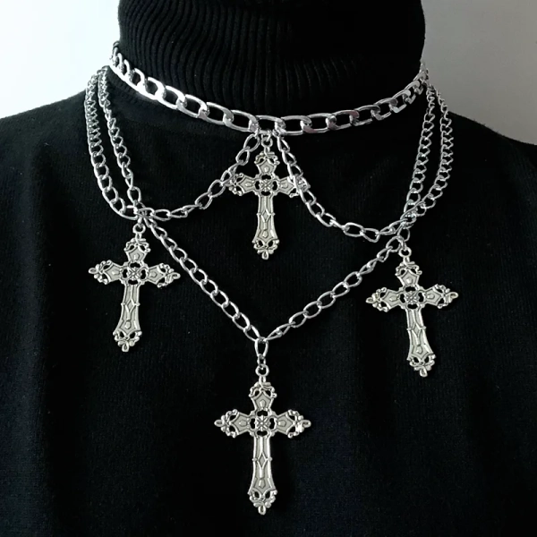 Grunge Multi Cross Chain Choker Necklace