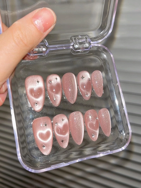 Galaxy Pink Cat's Eye Love nails |Hand Drawn Cat eye Glittery Press on Nails |Fairy Almond nails |Gift Nails Valentines Nails