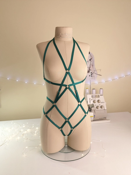 READY TO SHIP (size S-L) color as shown / crotchless emerald green bodysuit / strappy harness
