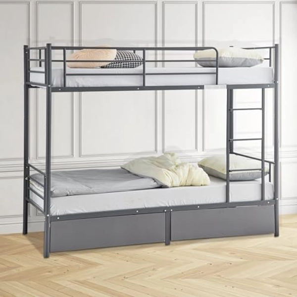 POLOPA 2 in 1 Metal Bunk Bed Frame,Twin Over Twin Bunk Bed,Convertible Twin Bunk Beds into 2 Individual Bed,Metal Bunk Bed Frame with Ladder and Safety Guardrail,No Box Spring Needed,Grey