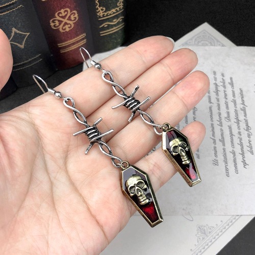 Barbed Wire Skull Coffin Earrings - 1