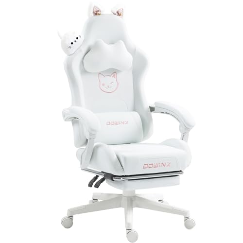 Dowinx Gaming Chair Cute with Cat Ears and Massage Lumbar Support, Ergonomic Computer Chair for Girl with Footrest and Headrest, Comfortable Reclining Game Chair 290lbs for Adult, Teen, White - White Cat - Rabbit