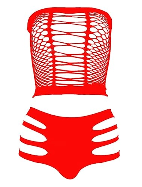 LEMON GIRL Women's Lingerie Fishnet BabyDoll Bodysuit Mini Dress Set One Size