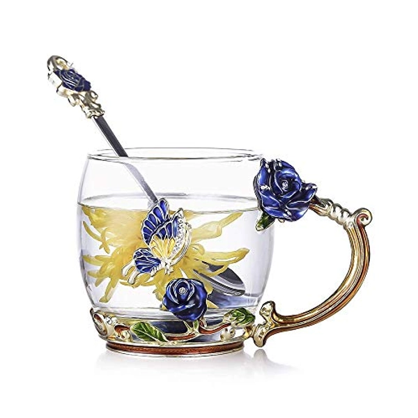 evecase Enamels Butterfly Flower Tea Cup/Coffee Mug with Spoon Set, Gifts for Women Wife Mum Teacher Friends Valentines Christmas Birthday Mothers Day Gifts