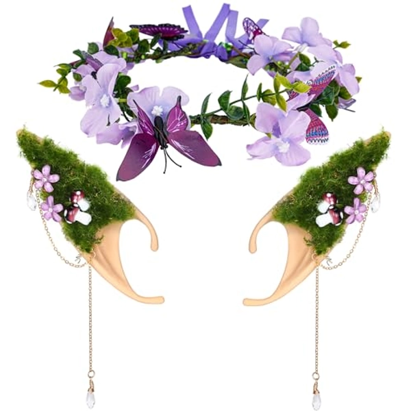 FRESHME Purple Mushroom Elf Ears with Flower Butterfly Crown Set, Soft Elven Fairy Ears and Woodland Floral Headpiece for Women Christmas Renaissance Halloween Cosplay Bridal Party Photo Shoot Props