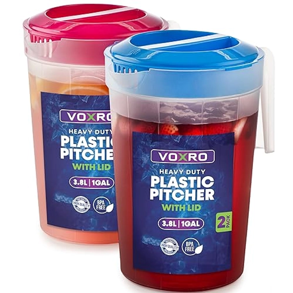 2-Pack 1-Gallon Plastic Pitchers with Lids – Iced Tea Pitchers with Twist Cover BPA-Free, Dishwasher & Freezer Safe, Ideal for Water, Juice & Fridge Storage