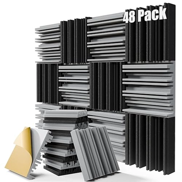 ZELMINE Upgrade 48 pack Self-adhesive Sound Proof Foam Panels,12" X 12" X 2" Acoustic Panels with High Density,Decorative Soundproof Wall Panels Sound Absorbing Foam for Wall and Ceiling(Black+Gray) - 2 Inch 48 Pack - Black+gray
