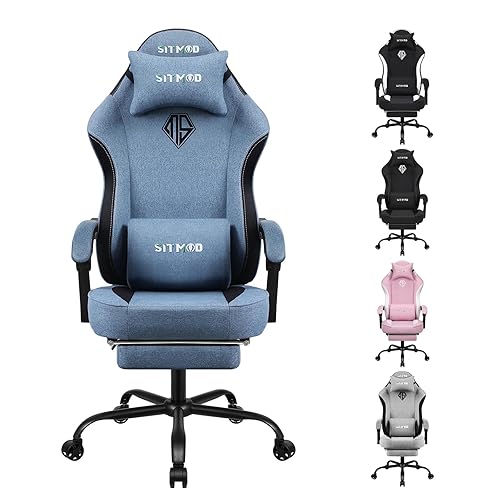 Gaming Chairs for Adults with Footrest-Computer Ergonomic Video Game Chair-Backrest and Seat Height Adjustable Swivel Task Chair with Headrest and Lumbar Support(Blue)-Fabric - Blue