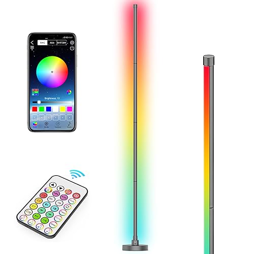 Hitish RGB Floor Lamp, Color Changing LED Corner Lamp with Bluetooth & Remote Control, Dimmable Modern Floor Lamp with 16 Million DIY Colors, Music Sync & Timing Function for Living Room, Gaming Room - Black 2 - 58.1” 1 Pack