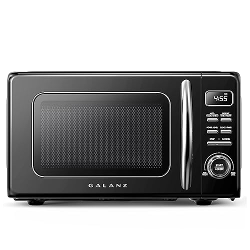 Galanz GLCMKZ09BKR09 Retro Countertop Microwave Oven with Auto Cook & Reheat, Defrost, Quick Start Functions, Easy Clean with Glass Turntable, Pull Handle, 0.9 cu ft, Black - Black - .9 cu ft - Modern - Microwave Oven