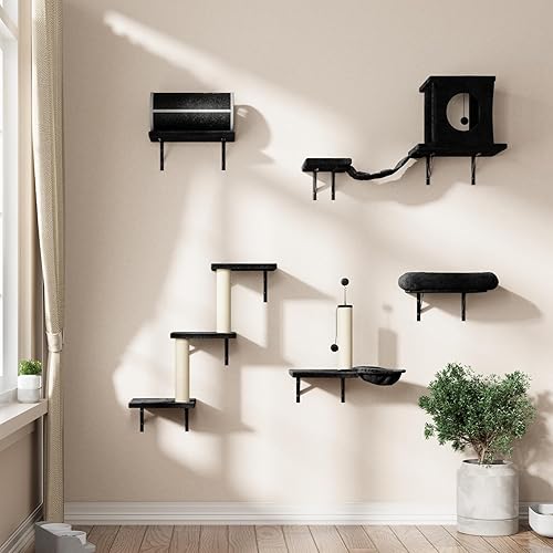 NUNU LAB Cat Wall Shelves Set, 7 Pcs Wall-Mounted Cat Climber with Cat House, Tunnel, Bridge, Scratching Post, Hammock, Wall Shelves, Black - Black - 7 Pcs