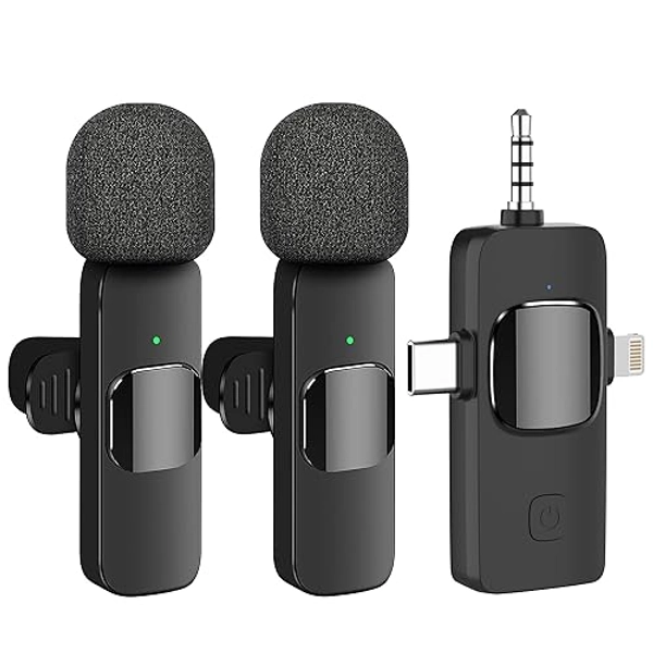 3 in 1 Wireless Lavalier Microphone for iPhone Android Camera, Dual Laple Mics for Recording, Intelligent Noise Reduction, Professional Mini Microphone for Content Creation, Vlogging YouTube TikTok
