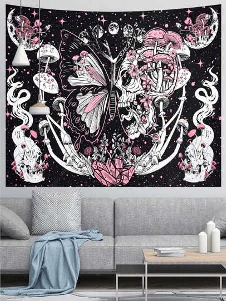 Skull Hippie Mushroom Tapestry Colorful Skeleton Butterfly Tapestry For Bedroom Aesthetic Moon Phase Wall Hanging Cloth Halloween Decorative Props Gift For Friends ,Room Decor, Home Decor, Room Stuffs ,Wall Arts, Flags For Room, Tapestri, Wall Tapestry