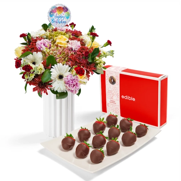 Bouquet and Dipped Berry Gift Set-Double with Vase & Bday Mini Balloon