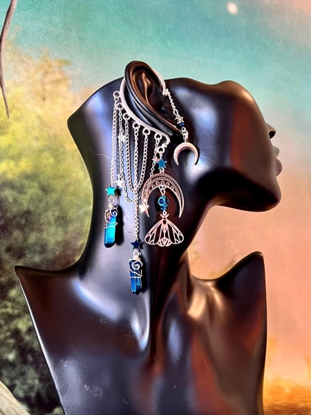 Luna Moth Ear Cuff: Blue Quartz Celestial Dangle, No Piercing Whimsigoth Fairycore Jewelry