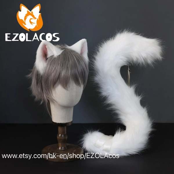 Handmade Luxury Realsitic White Cat Ear and Tail Cosplay,Furry Cute Kitten Ear and Tail,Neko Ear Headband,Plush Cat Tail,Halloween Cosplay
