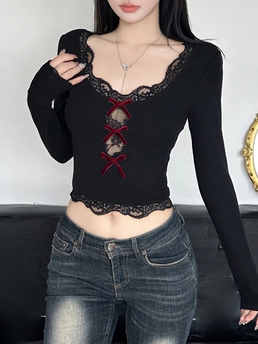 Black Bow Lace Trim Cropped Hollow Crop Top - black / S