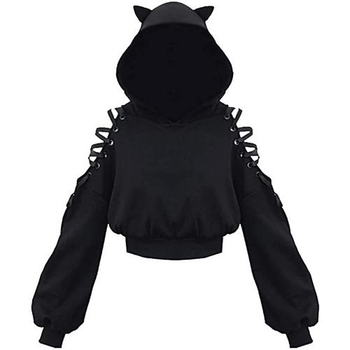 Womens Long Sleeve Cute Cat Ear Pullover Hoodie Crop Top Gothic Cold Shoulder Lace Up Y2k E-Girl Oversized Sweatshirt