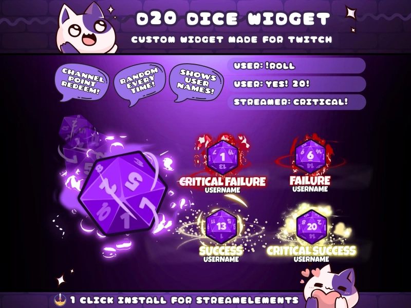 20 Sided Purple Dice Roll Widget for Twitch Streamers | Chat Command | Resizeable | Animated | Game | Sound | Streamelements 1 Click Install