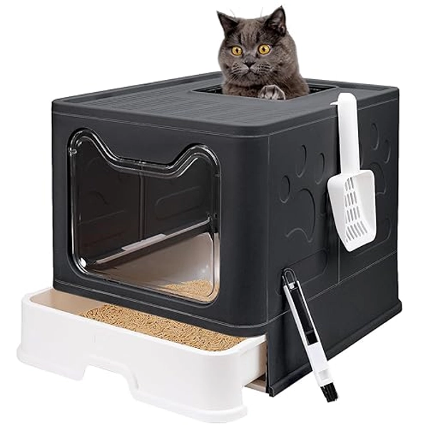 Foldable Cat Litter Box with Lid, Enclosed Cat Potty, Top Entry Anti-Splashing Cat Toilet, Easy to Clean Including Cat Litter Scoop and 2-1 Cleaning Brush (Black) Large