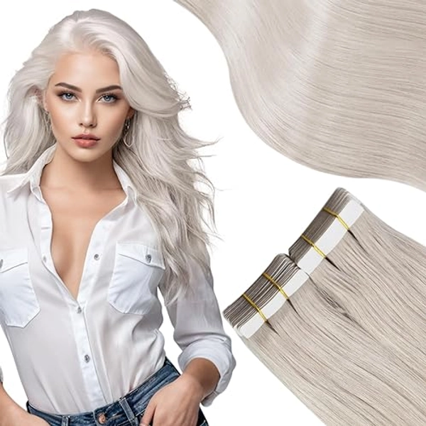 Moresoo Tape in Blonde Hair Extensions Real Human Hair Seamless Hair Extensions White Blonde Tape in Hair Extensions Human Hair Skin Weft Hair Extensions Tape in Blonde 22 Inch #60A 20pcs 50g