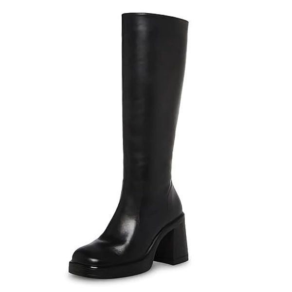 SOVANYOU Black Leather Boots Platform Boots for Women Square Toe Chunky Block Heeled Boots