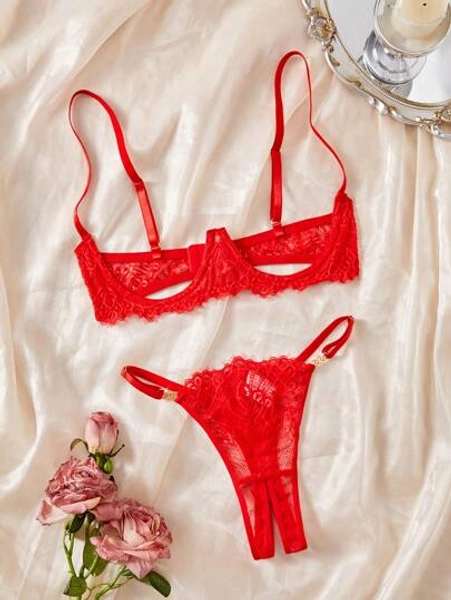 2pcs Women Lace Bra And Panty Set With Underwire, Sexy Lingerie Bridal Lingerie For Going Out